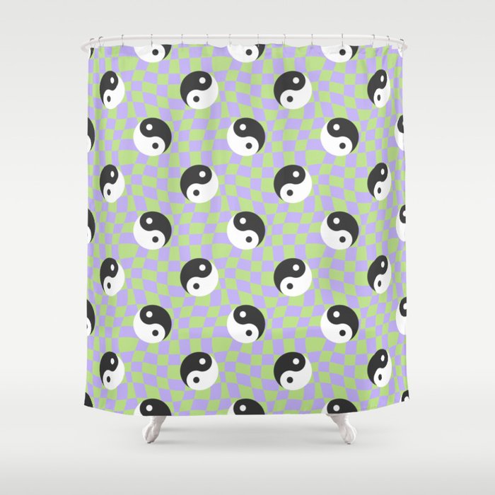 Retro psychedelic yin yang checkered pattern Shower Curtain Gallery Image 1