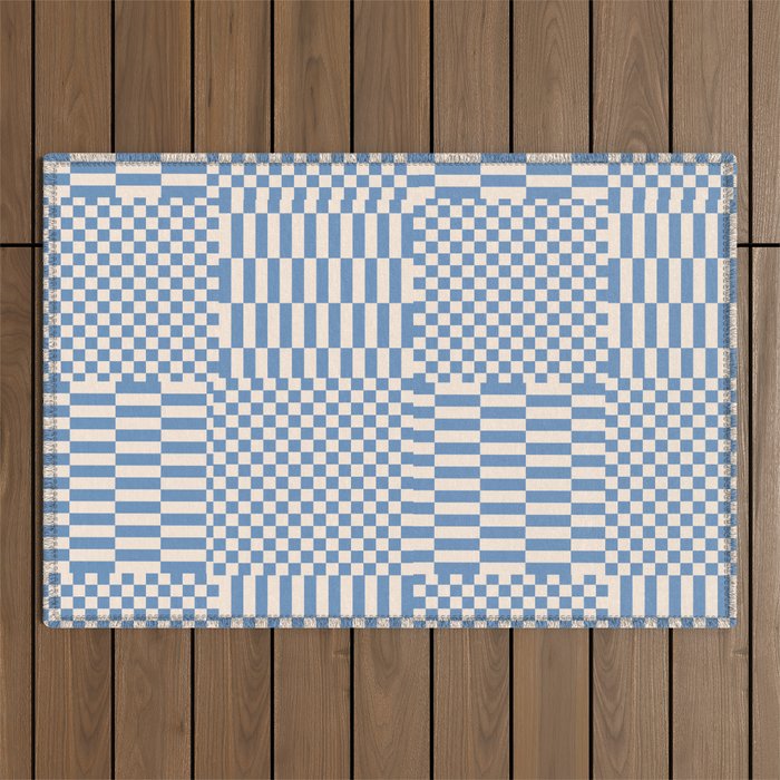 Retro check: Tranquil blue and ice cream white Outdoor Rug Gallery Image 1
