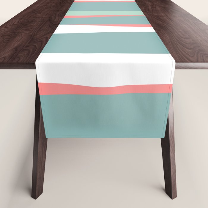 Festive, Abstract, Colorful Stripes, Coral and Teal Green Table Runner Gallery Image 1
