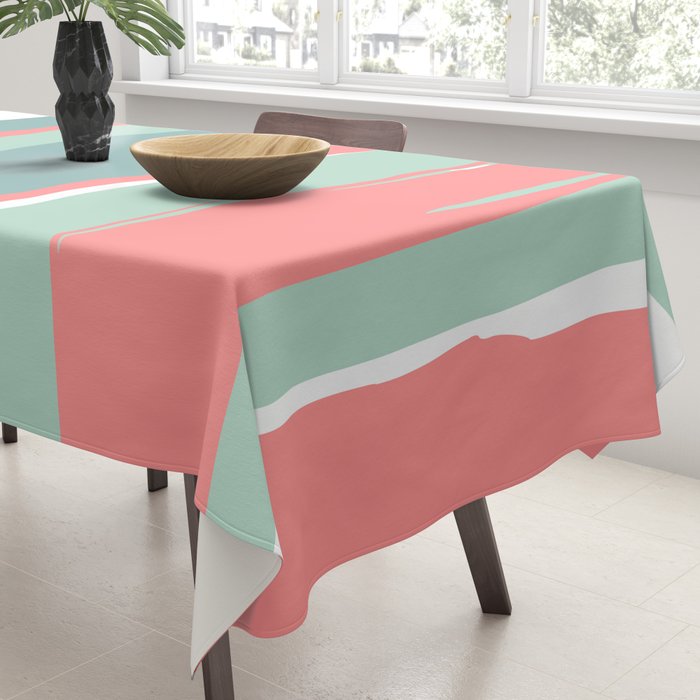 Festive, Abstract, Colorful Stripes, Coral and Teal Green Tablecloth Gallery Image 3