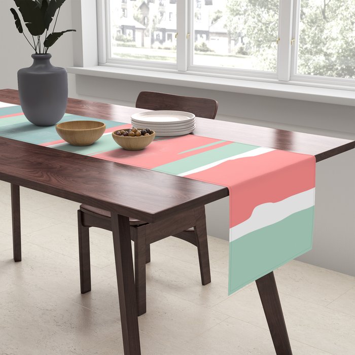 Festive, Abstract, Colorful Stripes, Coral and Teal Green Table Runner Gallery Image 2