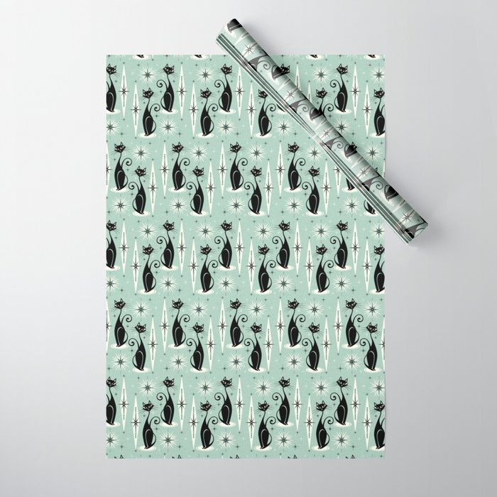 Mid Century Meow Retro Atomic Cats Mint Wrapping Paper Gallery Image 1