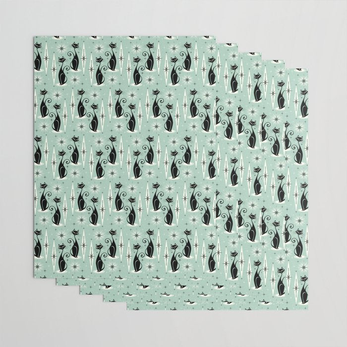 Mid Century Meow Retro Atomic Cats Mint Wrapping Paper Gallery Image 3