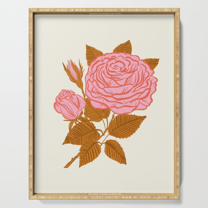 Vintage-Inspired Pink Rose Botanical Art Print Serving Tray Gallery Image 1