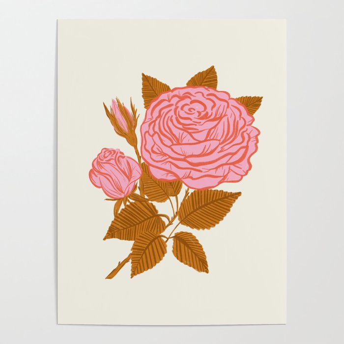 Vintage-Inspired Pink Rose Botanical Art Print Poster Gallery Image 4