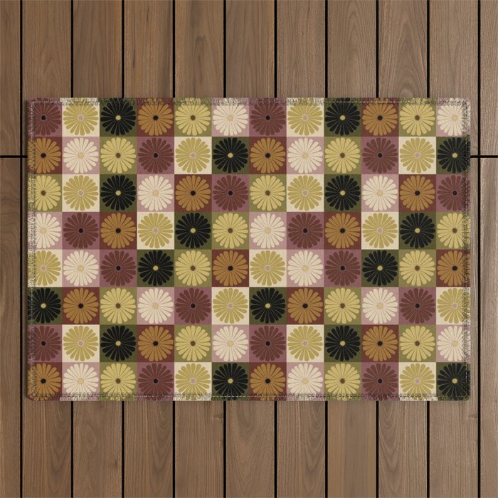 Retro Flowers Check Pattern III Outdoor Rug Gallery Image 1