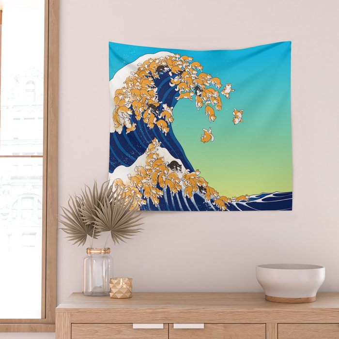 Shiba Inu in Great Wave Wall Tapestry Gallery Image 2