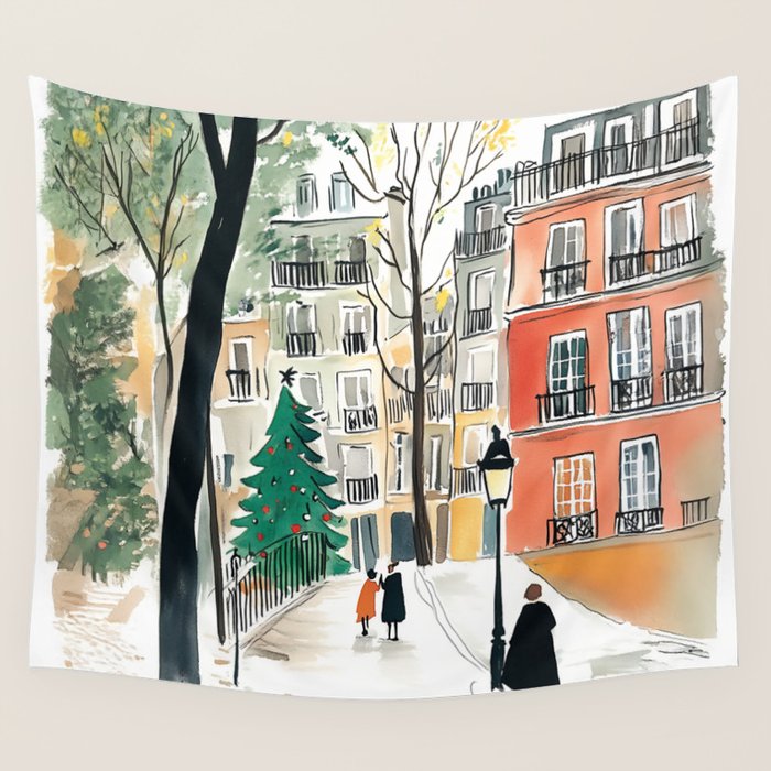 Parisian Christmas Street Scene Wall Tapestry Gallery Image 1