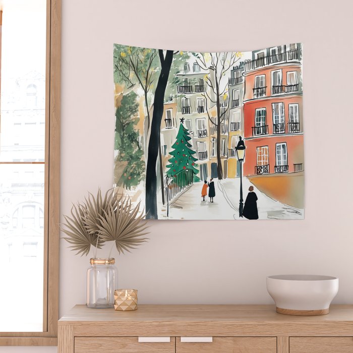 Parisian Christmas Street Scene Wall Tapestry Gallery Image 2