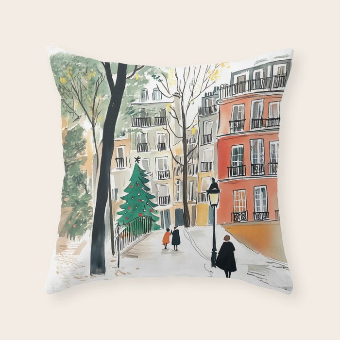 Parisian Christmas Street Scene Throw Pillow Gallery Image 1