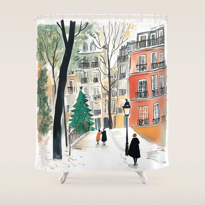 Parisian Christmas Street Scene Shower Curtain Gallery Image 1