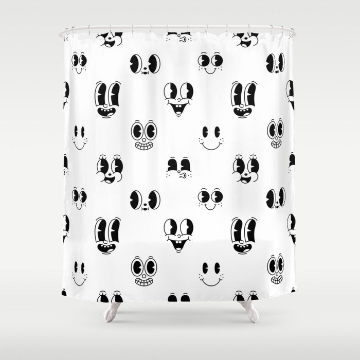 Vintage cartoon mascot face doodle pattern Shower Curtain Gallery Image 1