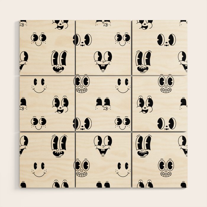 Vintage cartoon mascot face doodle pattern Wood Wall Art Gallery Image 1