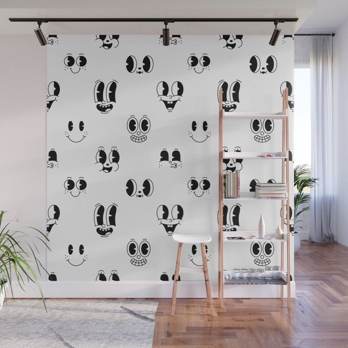Vintage cartoon mascot face doodle pattern Wall Mural Gallery Image 1