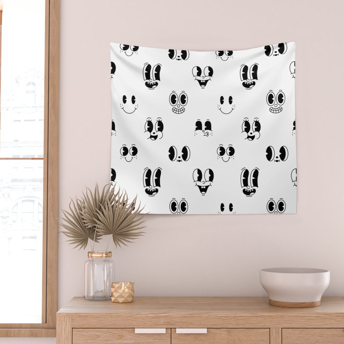Vintage cartoon mascot face doodle pattern Wall Tapestry Gallery Image 2