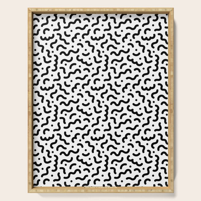 Black and white line doodle squiggle pattern Serving Tray Gallery Image 1