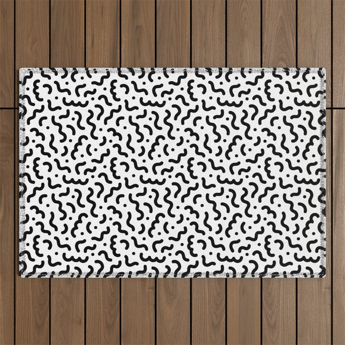 Black and white line doodle squiggle pattern Outdoor Rug Gallery Image 1