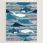 Origami Sea // linen texture and nautical stripes background teal white and taupe whales Jigsaw Puzzle Gallery Image 1