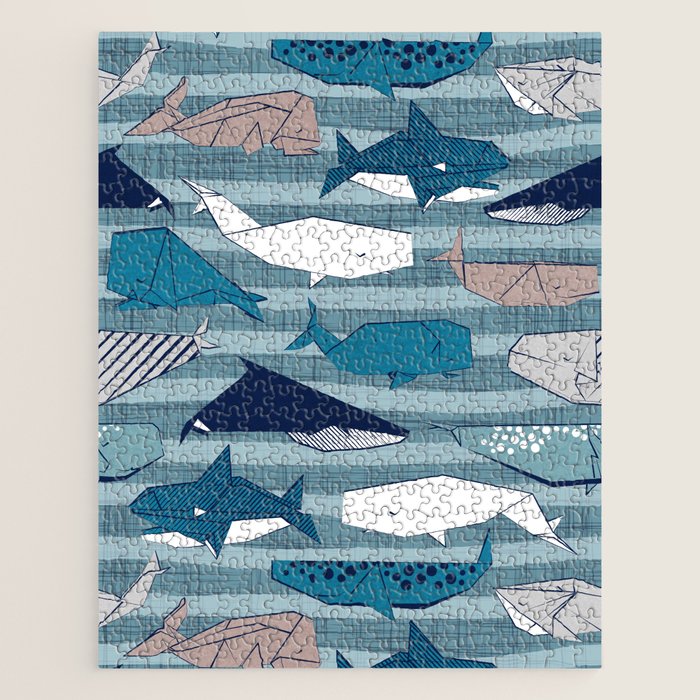 Origami Sea // linen texture and nautical stripes background teal white and taupe whales Jigsaw Puzzle Gallery Image 1