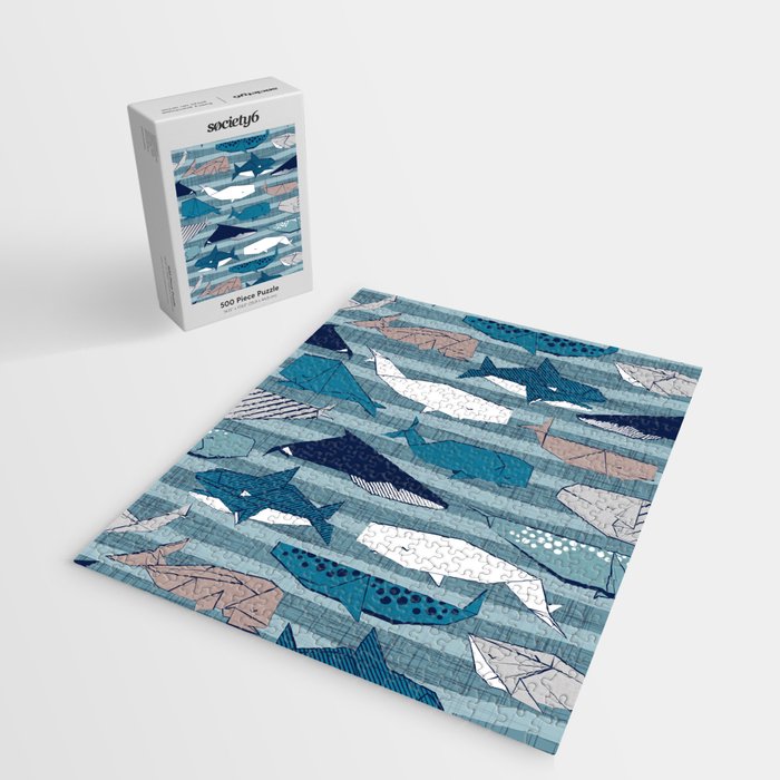 Origami Sea // linen texture and nautical stripes background teal white and taupe whales Jigsaw Puzzle Gallery Image 2