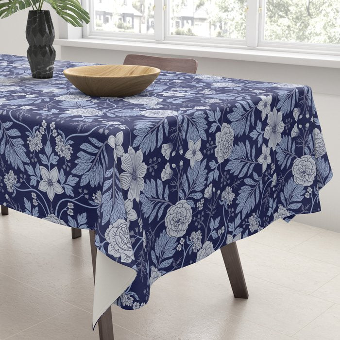 Light Blue, Cobalt Blue, & White Floral Pattern Tablecloth Gallery Image 3