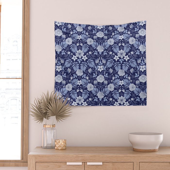 Light Blue, Cobalt Blue, & White Floral Pattern Wall Tapestry Gallery Image 2
