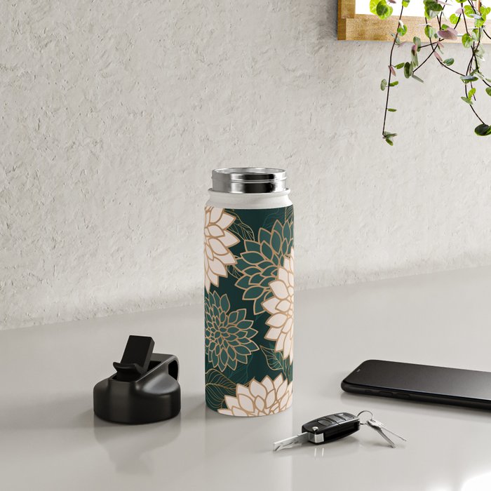 Floral Aesthetic in Dark Teal Green, Ivory and Gold Water Bottle Gallery Image 4