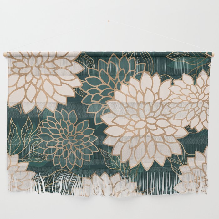 Floral Aesthetic in Dark Teal Green, Ivory and Gold Wall Hanging Gallery Image 1