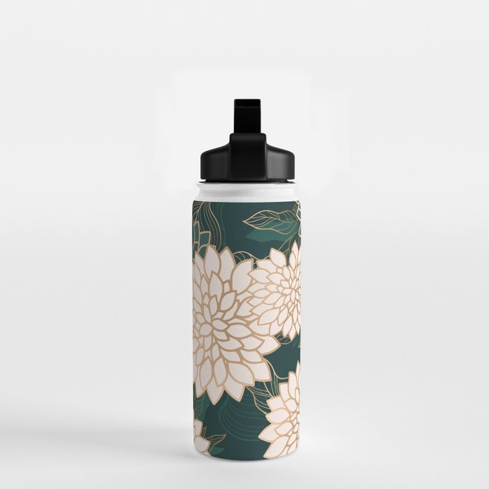 Floral Aesthetic in Dark Teal Green, Ivory and Gold Water Bottle Gallery Image 2
