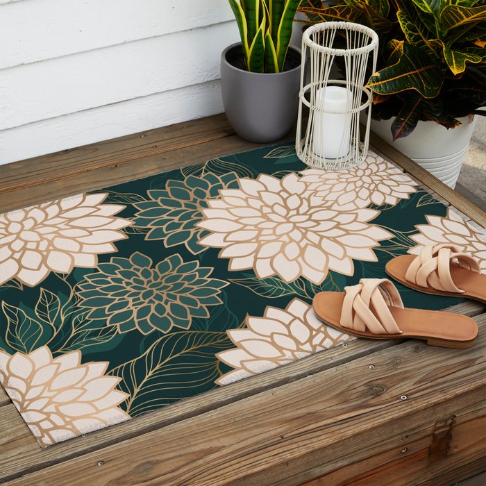 Floral Aesthetic in Dark Teal Green, Ivory and Gold Outdoor Rug Gallery Image 2