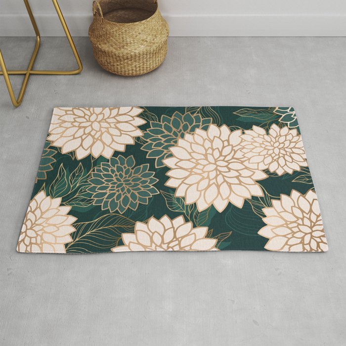Floral Aesthetic in Dark Teal Green, Ivory and Gold Rug Gallery Image 1