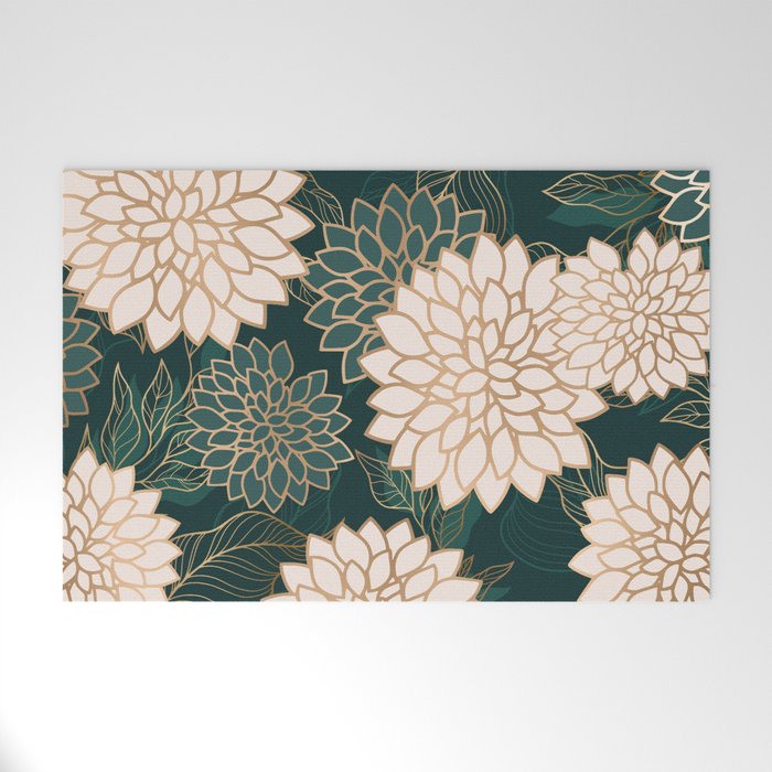 Floral Aesthetic in Dark Teal Green, Ivory and Gold Welcome Mat Gallery Image 1