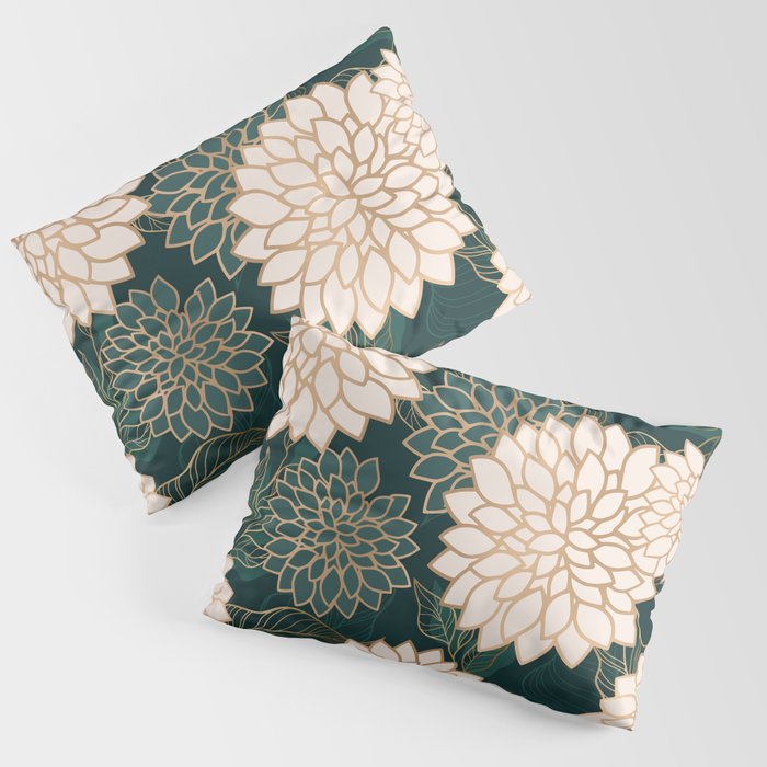 Floral Aesthetic in Dark Teal Green, Ivory and Gold Pillow Sham Gallery Image 3
