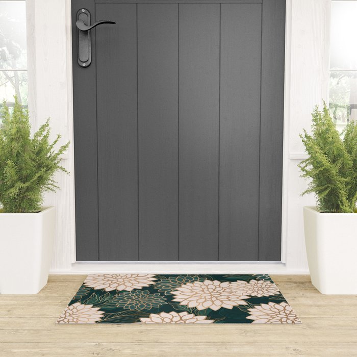 Floral Aesthetic in Dark Teal Green, Ivory and Gold Welcome Mat Gallery Image 3