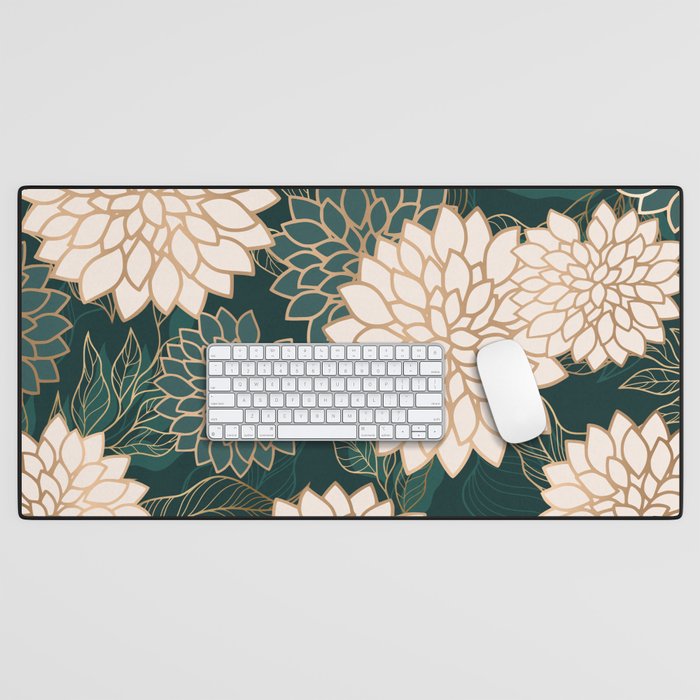 Floral Aesthetic in Dark Teal Green, Ivory and Gold Desk Mat Gallery Image 1