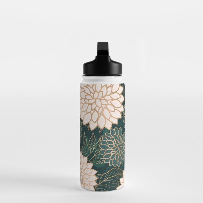 Floral Aesthetic in Dark Teal Green, Ivory and Gold Water Bottle Gallery Image 3