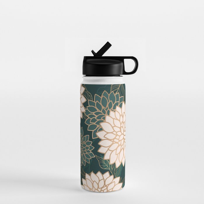 Floral Aesthetic in Dark Teal Green, Ivory and Gold Water Bottle Gallery Image 1