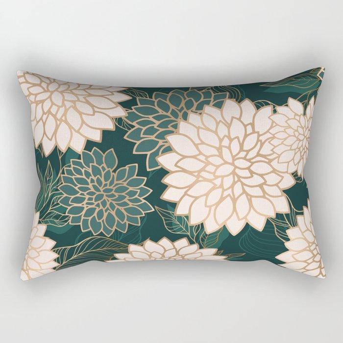Floral Aesthetic in Dark Teal Green, Ivory and Gold Rectangular Pillow Gallery Image 1
