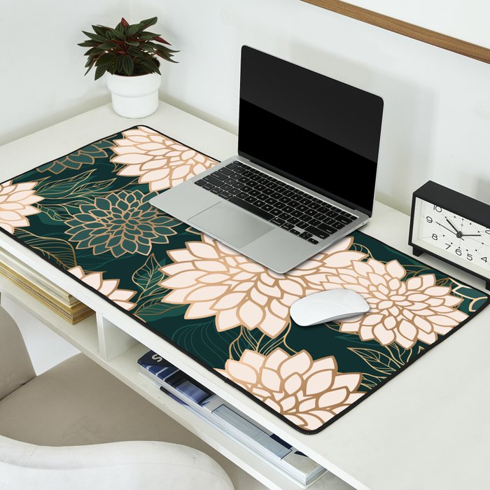 Floral Aesthetic in Dark Teal Green, Ivory and Gold Desk Mat Gallery Image 2