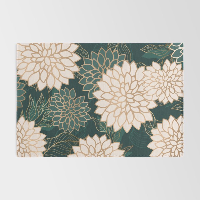 Floral Aesthetic in Dark Teal Green, Ivory and Gold Rug Gallery Image 2