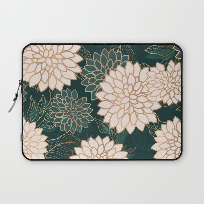 Floral Aesthetic in Dark Teal Green, Ivory and Gold Laptop Sleeve Gallery Image 1