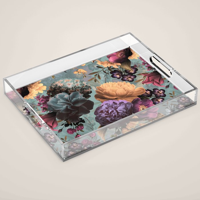 Vintage & Shabby Chic - Grey Botanical Lush Flowers Evening Garden Acrylic Tray Gallery Image 1
