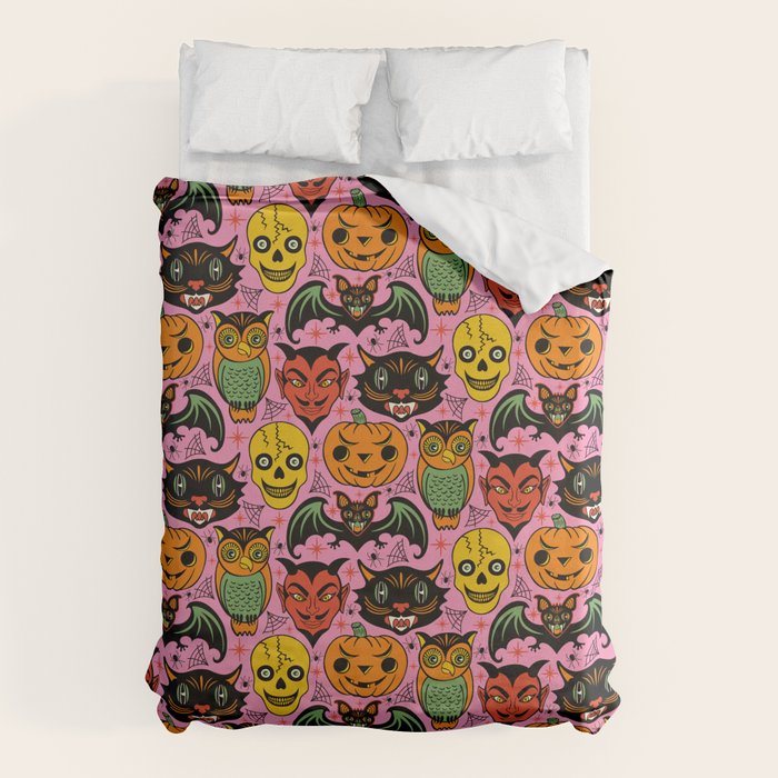 Retro Halloween in Pink - Skull Black Cat Devil Pumpkin Bat Owl Motifs Duvet Cover Gallery Image 1