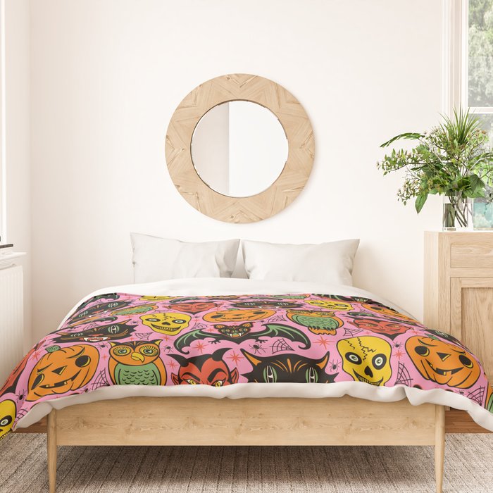 Retro Halloween in Pink - Skull Black Cat Devil Pumpkin Bat Owl Motifs Duvet Cover Gallery Image 3