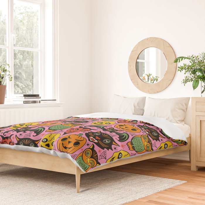 Retro Halloween in Pink - Skull Black Cat Devil Pumpkin Bat Owl Motifs Duvet Cover Gallery Image 2