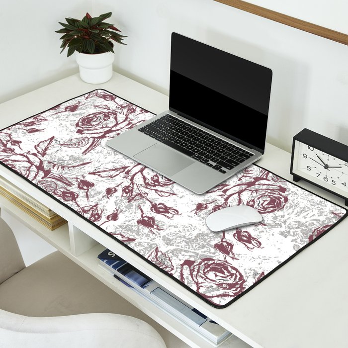 Vintage white gray burgundy floral marble Desk Mat Gallery Image 2