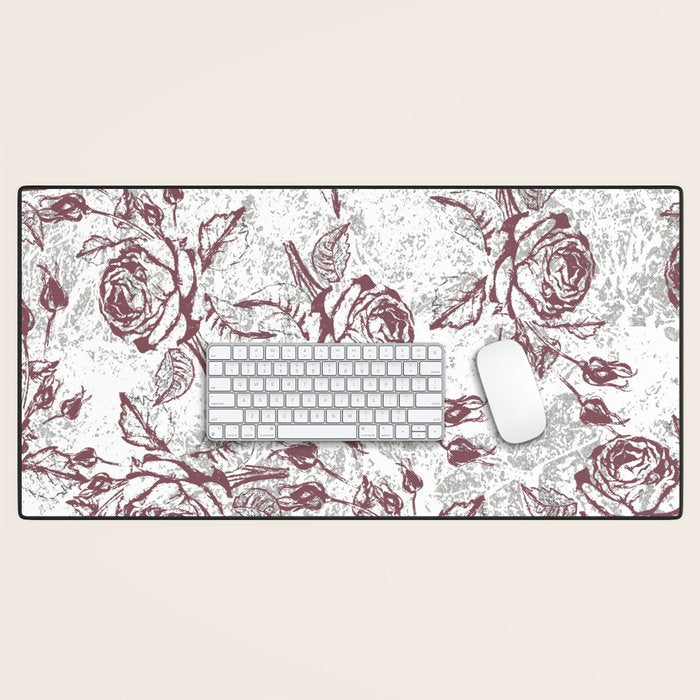 Vintage white gray burgundy floral marble Desk Mat Gallery Image 1