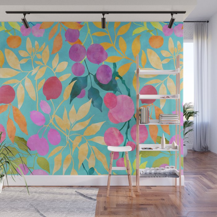 Exotic Fruit Garden Tropical Summer Foliage And Fruit Turquoise Wall Mural Gallery Image 1