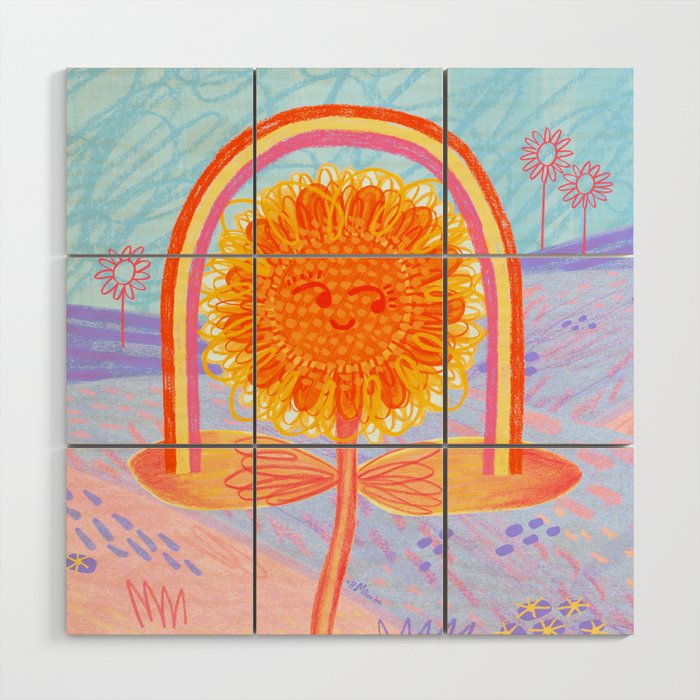 Retro Sunflower & Rainbow in Blue & Pink Wood Wall Art Gallery Image 1