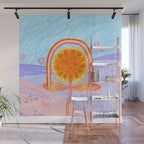 Retro Sunflower & Rainbow in Blue & Pink Wall Mural Gallery Image 1